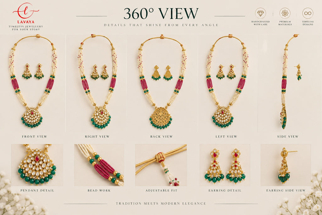 Lavaya Royal Kundan Pearl Beaded Necklace Set with Ruby Red & Emerald Green Drops and Matching Earrings