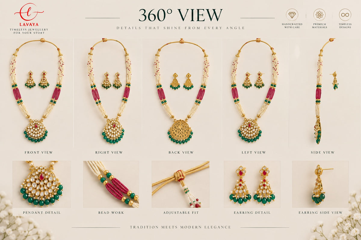 Lavaya Royal Kundan Pearl Beaded Necklace Set with Ruby Red & Emerald Green Drops and Matching Earrings