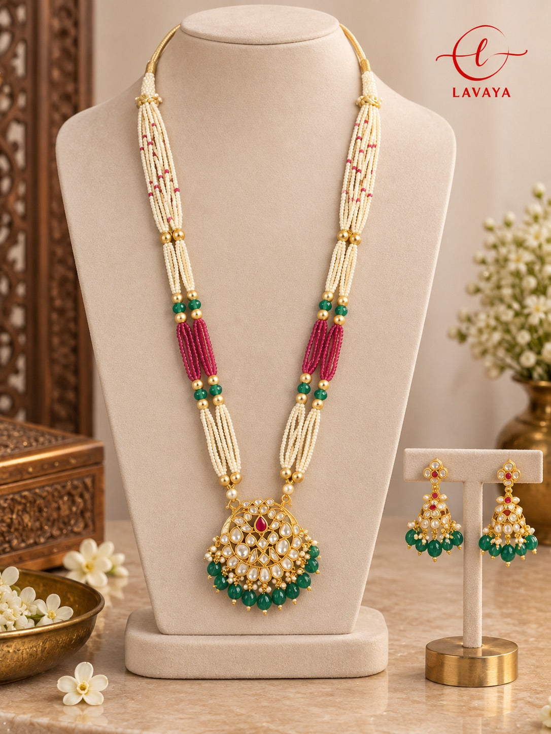 Lavaya Royal Kundan Pearl Beaded Necklace Set with Ruby Red & Emerald Green Drops and Matching Earrings