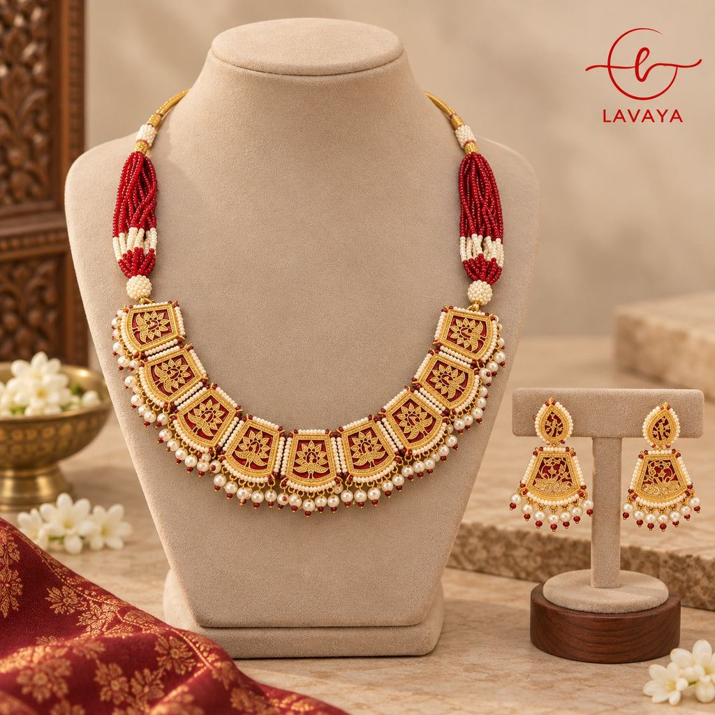 Lavaya Royal Red Meenakari Choker Necklace Set with Pearl Drops & Matching Earrings