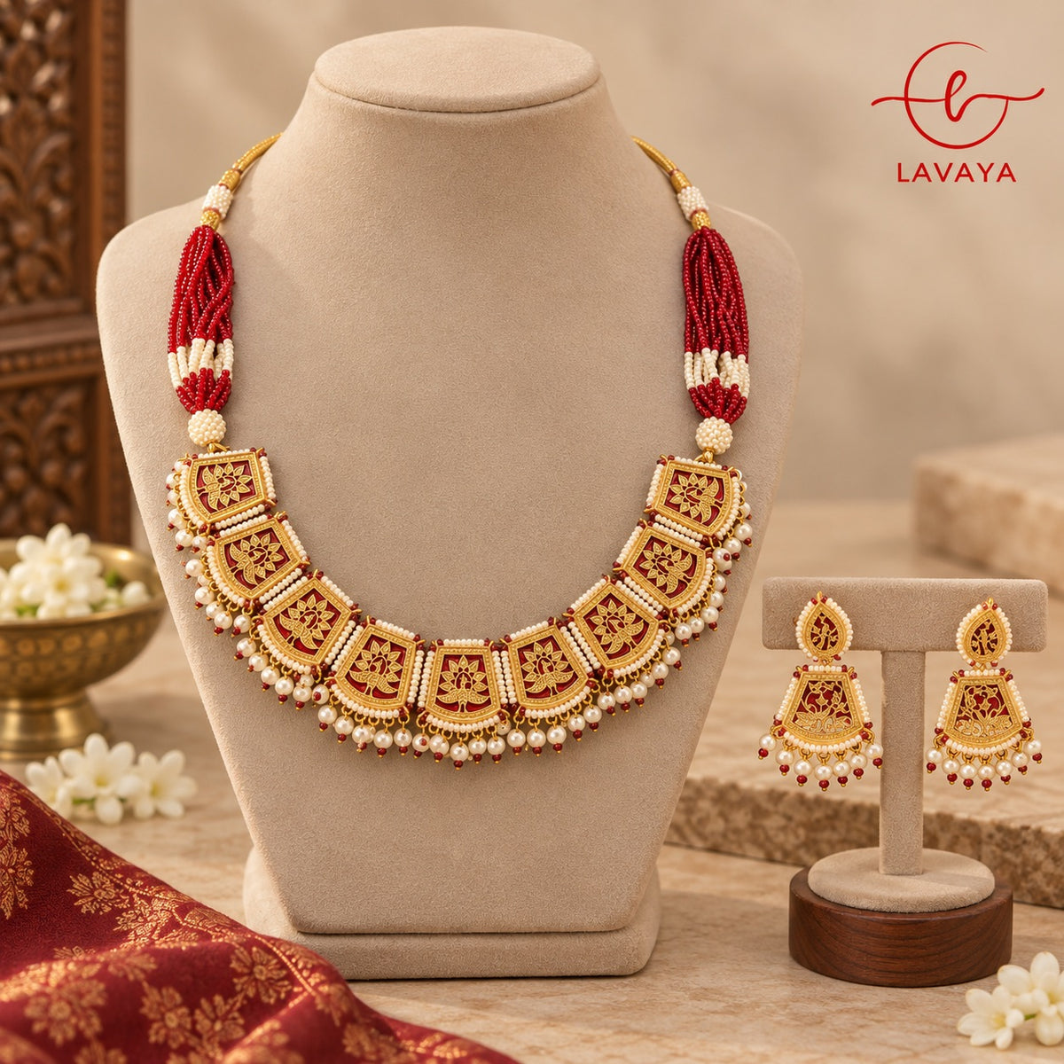 Lavaya Royal Maroon Meenakari Gold-Tone Necklace & Earrings Set