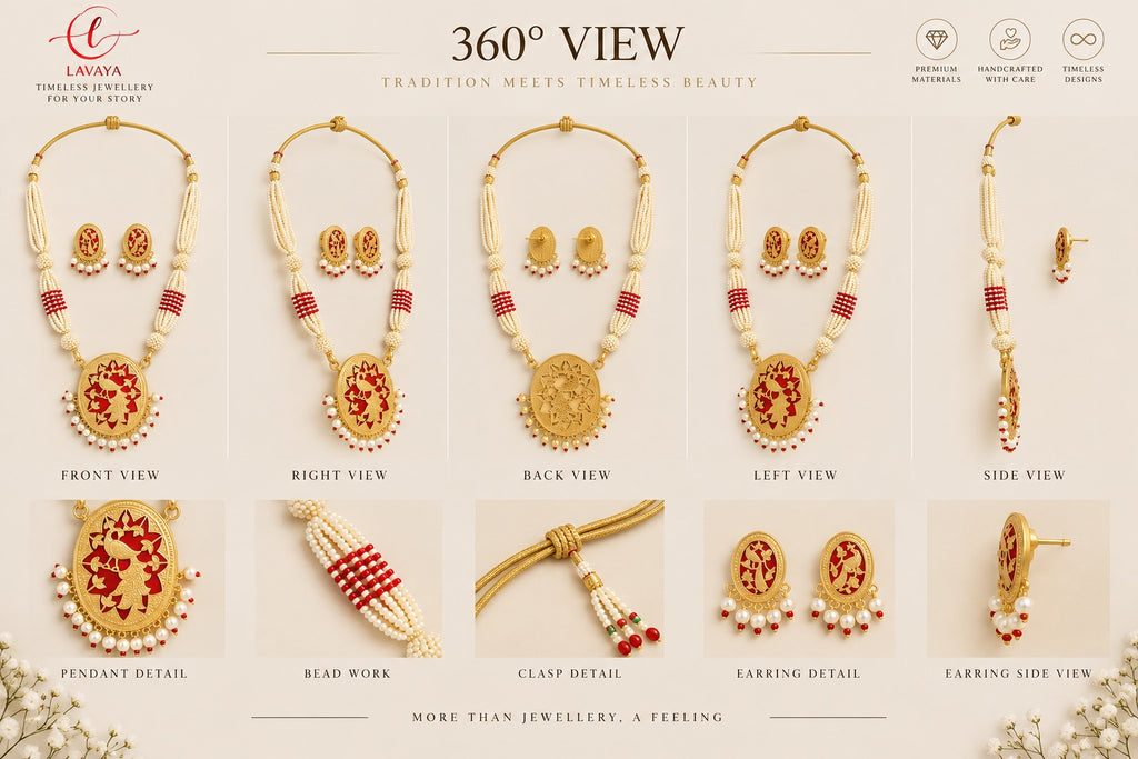 Lavaya Royal Peacock Red Meenakari Pearl Beaded Necklace & Earrings Set