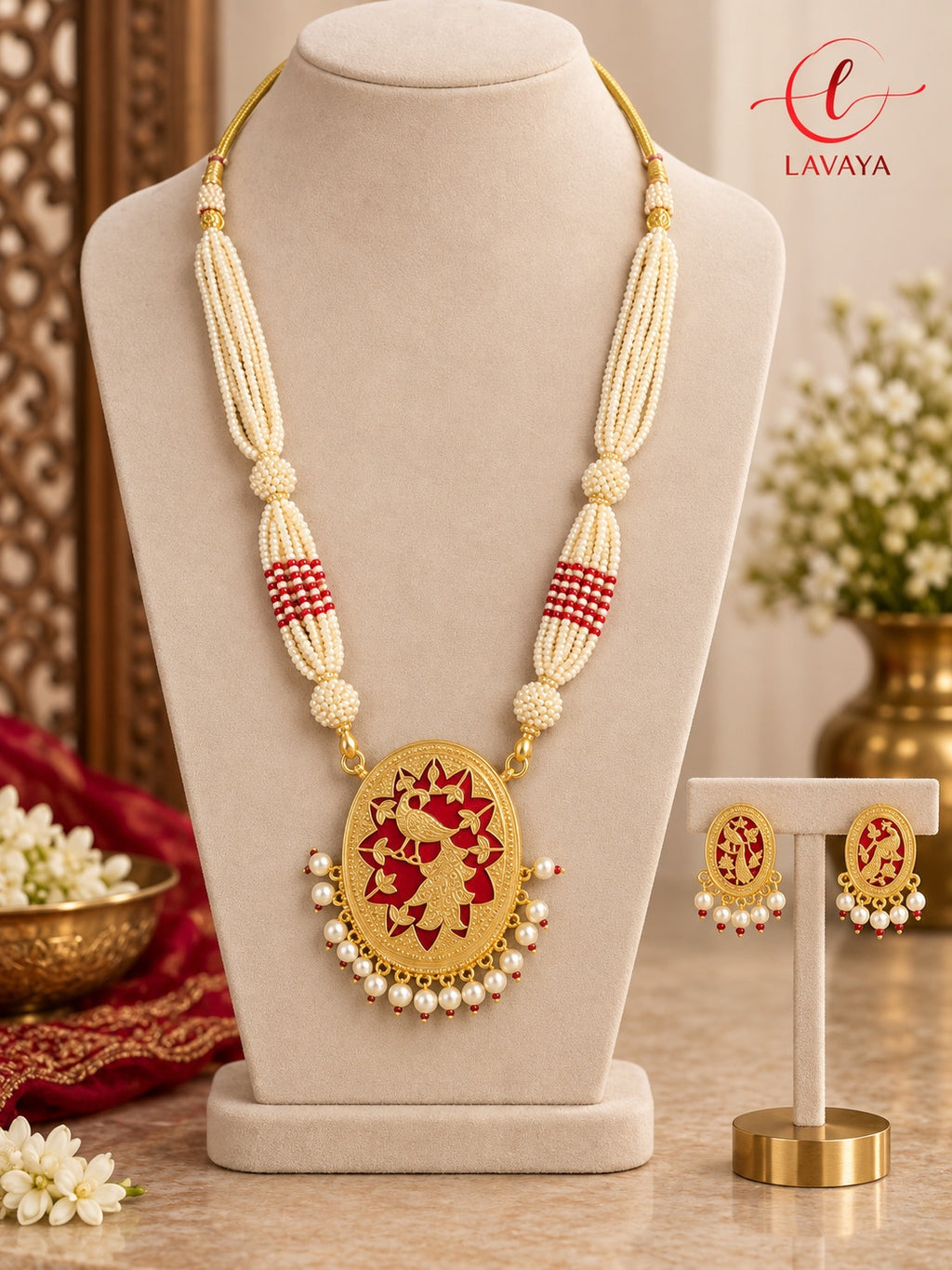 Lavaya Royal Peacock Red Meenakari Pearl Beaded Necklace & Earrings Set