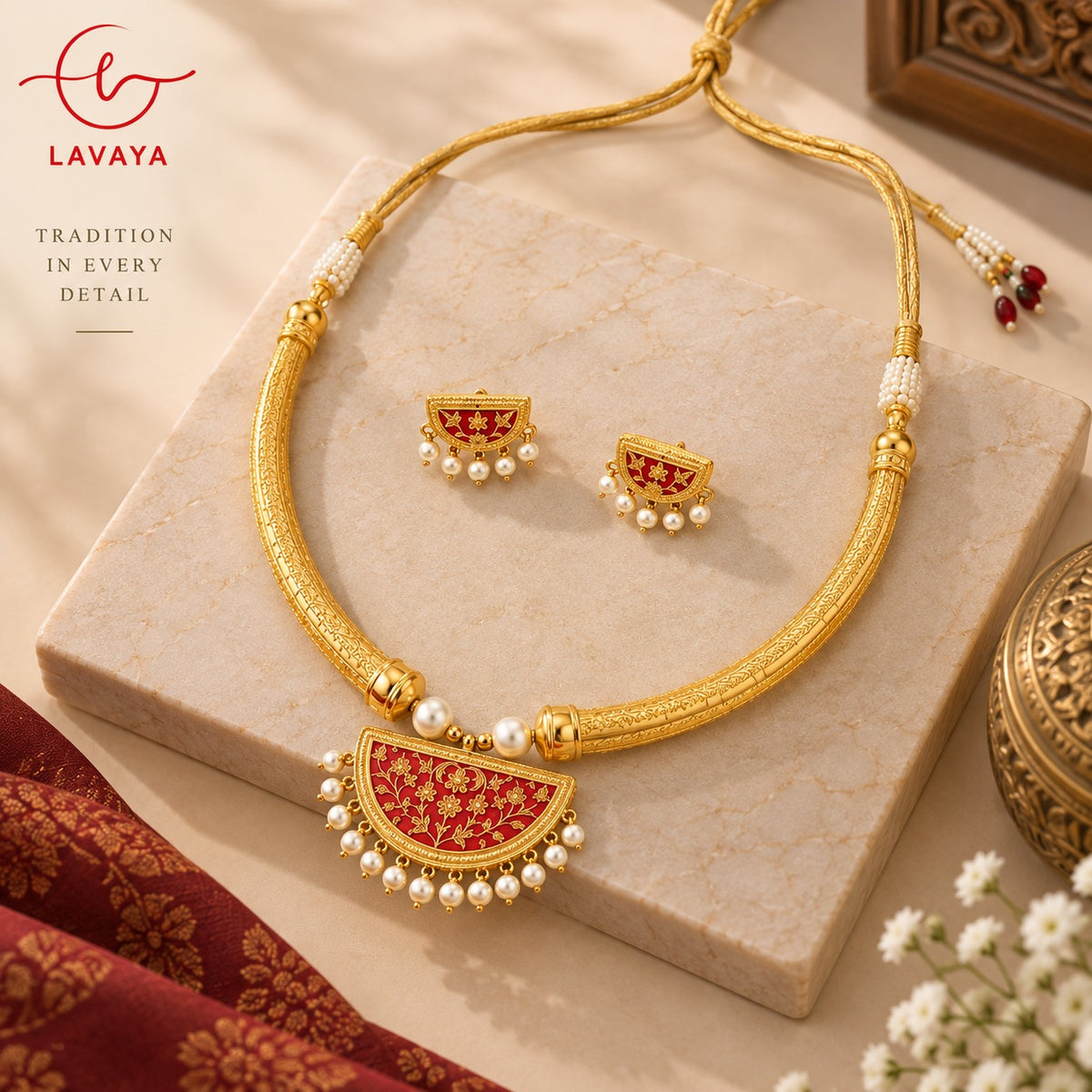 Lavaya Royal Red Meenakari Gold-Tone Hasli Necklace Set with Pearl Drops & Matching Earrings