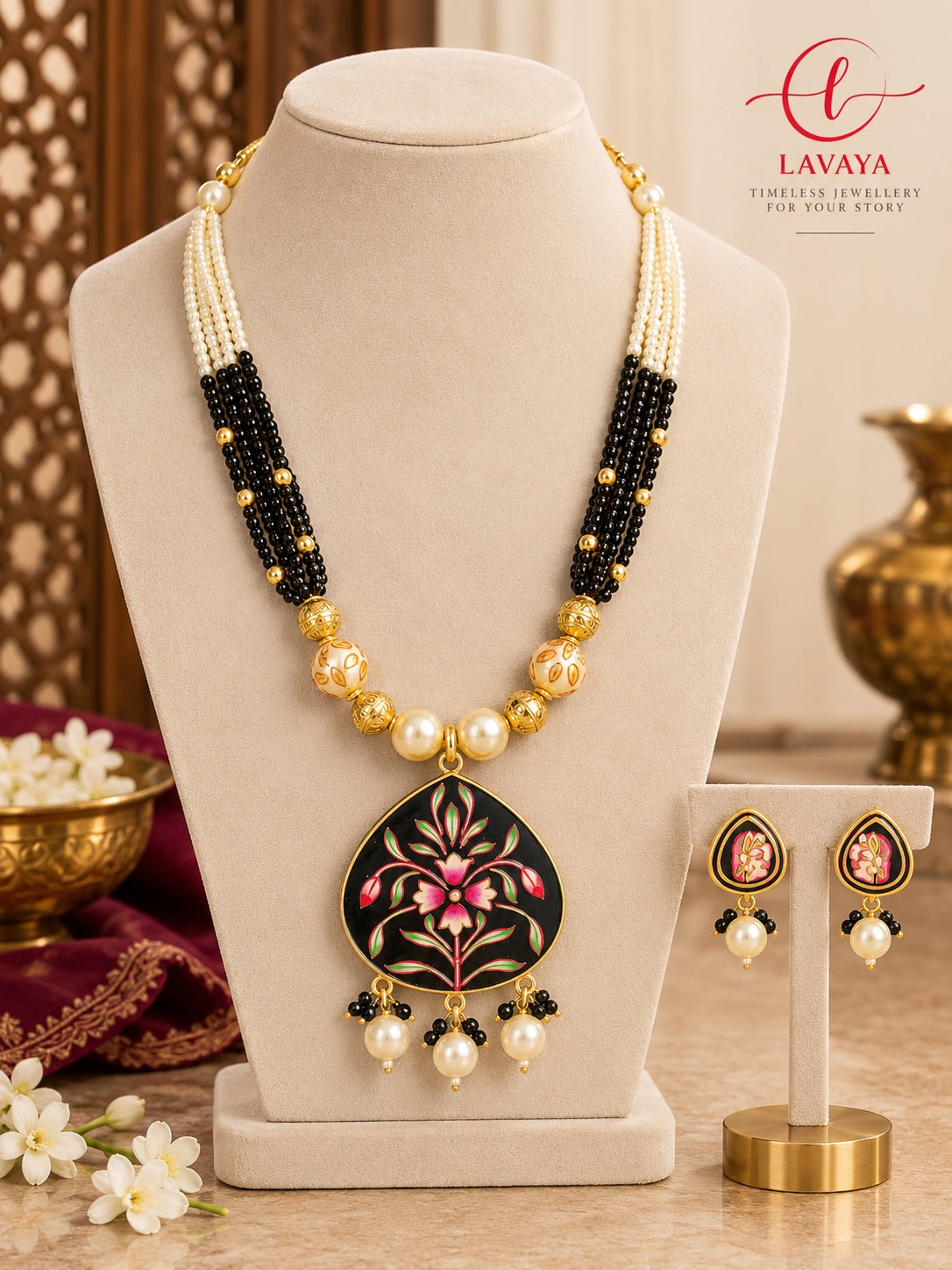 Hand Painted Royal Radha Krishna Pearl & Black Beaded Reversible & Customizable Necklace Set with Traditional Earrings