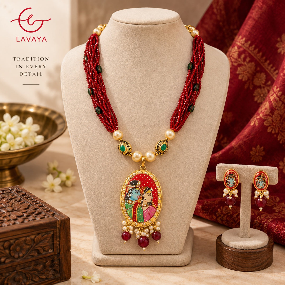 Royal Red Meenakari Floral Hand Painted Reversible & Customizable Pendant Multi-Strand Necklace Set with Green Beads & Matching Earrings