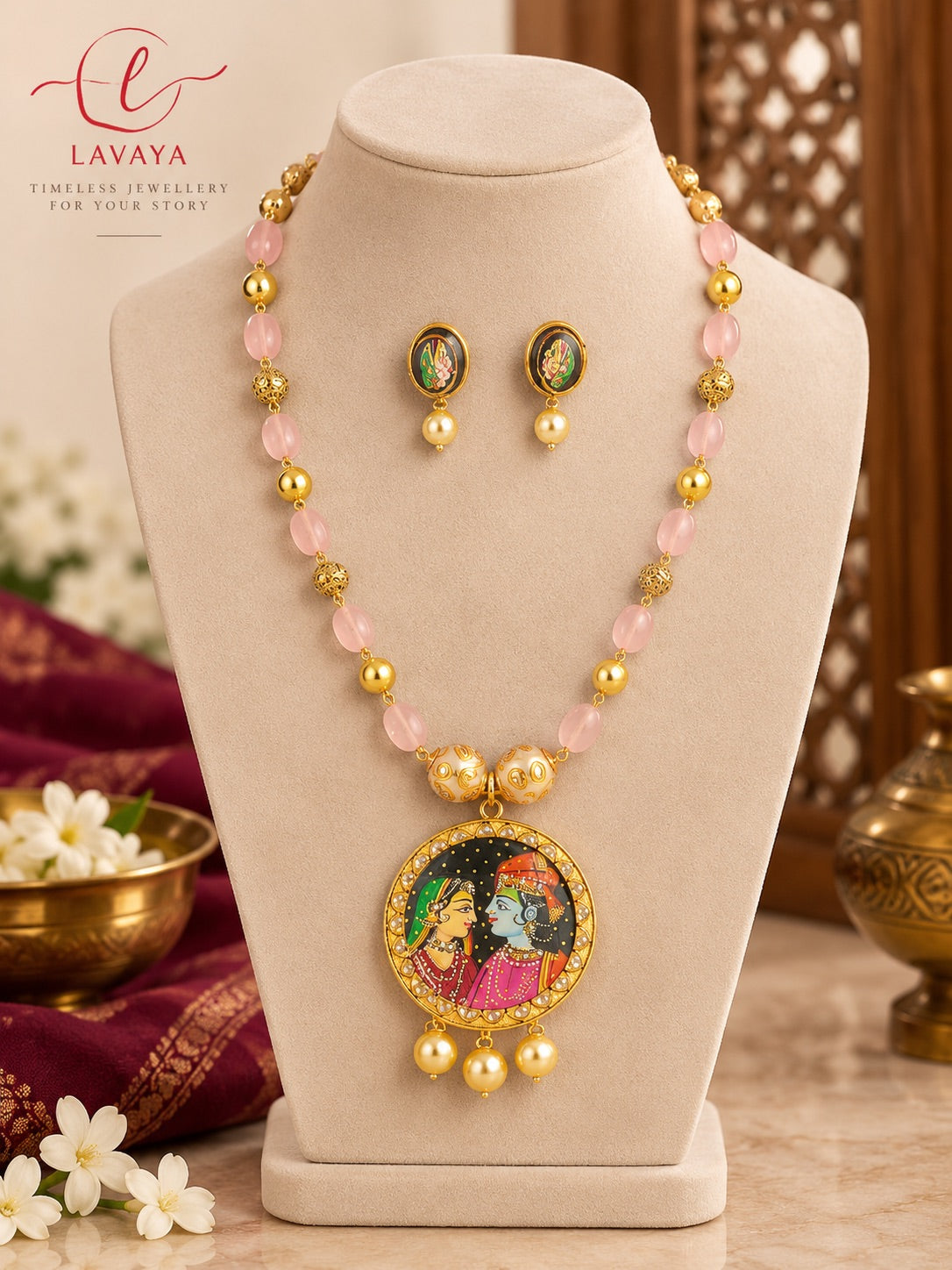 Lavaya Elegant Pink Beaded Radha Krishna Meenakari Pendant Necklace Set with Pearl Drops & Matching Earrings