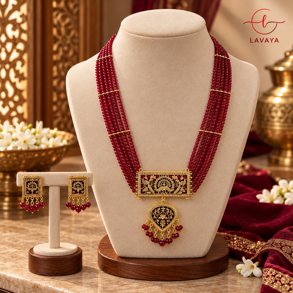 Lavaya Royal Maroon Multi-Layer Beaded Necklace Set with Antique Gold Pendant & Matching Earrings