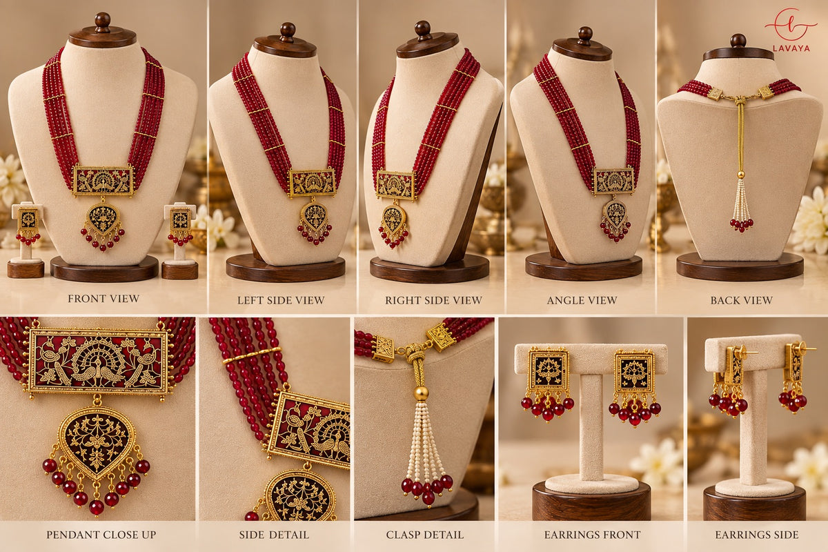 Lavaya Royal Maroon Multi-Layer Beaded Necklace Set with Antique Gold Pendant & Matching Earrings