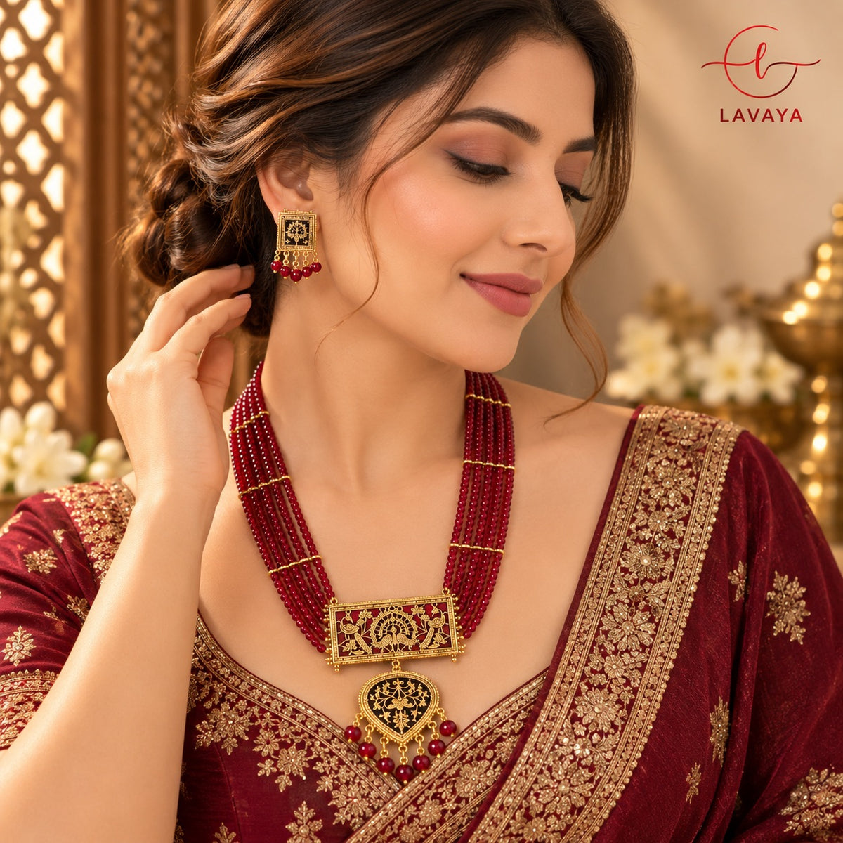 Lavaya Royal Maroon Multi-Layer Beaded Necklace Set with Antique Gold Pendant & Matching Earrings