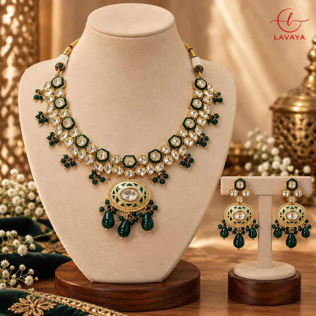 Lavaya Royal Emerald Green Kundan & Gold-Tone Necklace Set with Matching Statement Earrings