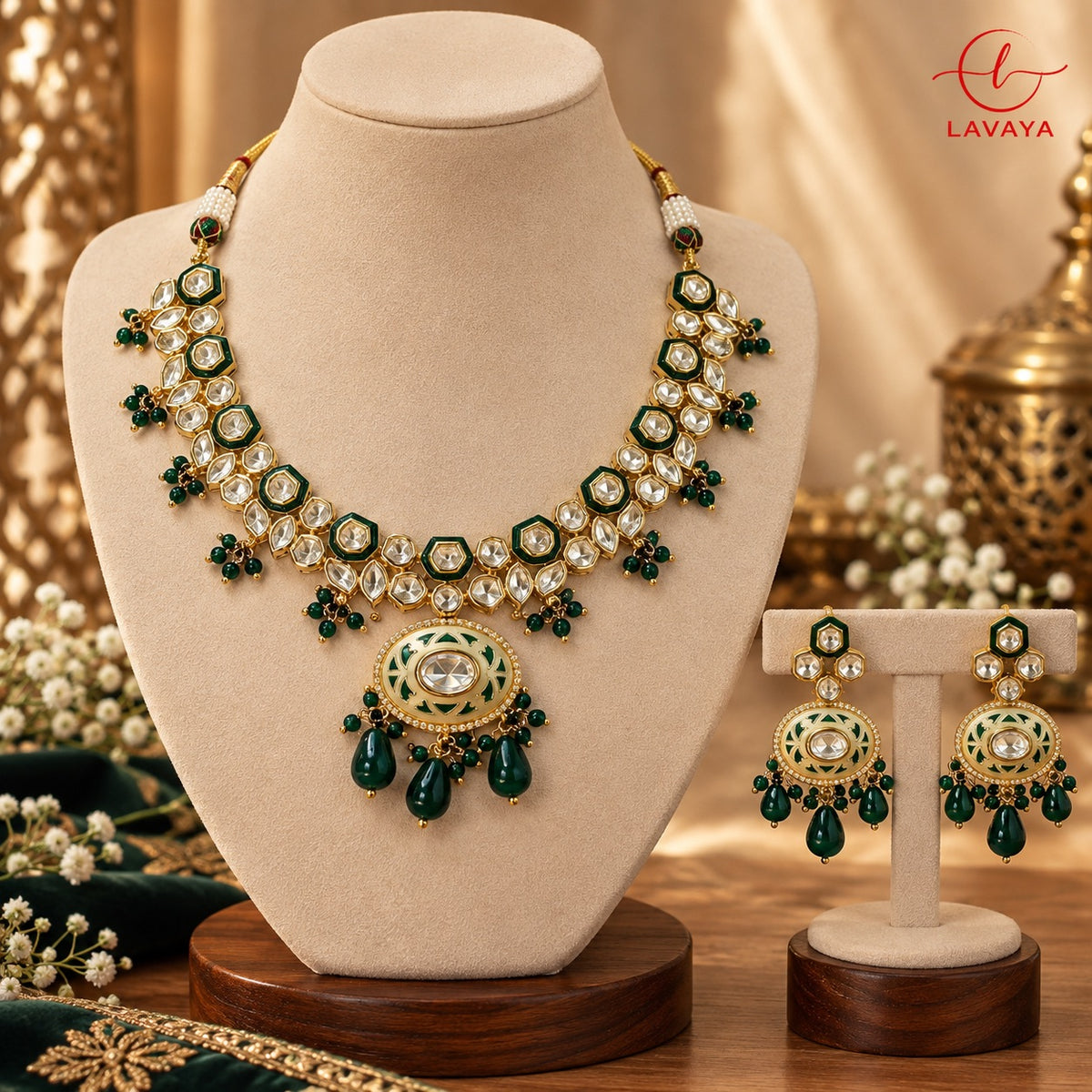 Lavaya Royal Emerald Green Kundan & Gold-Tone Necklace Set with Matching Statement Earrings
