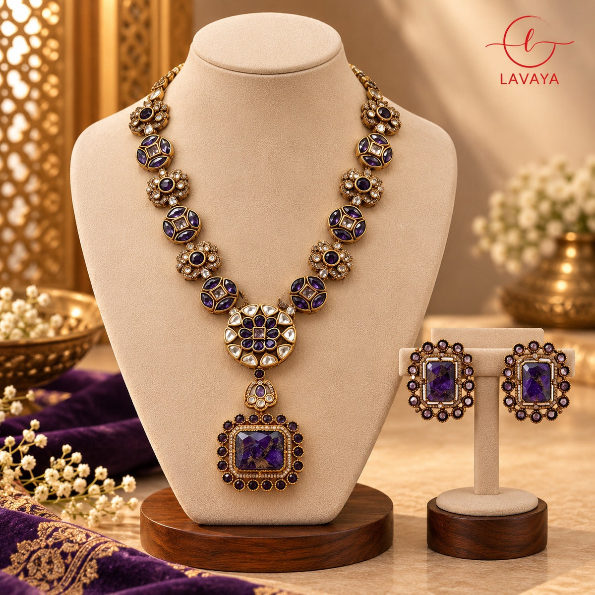Royal Deep Purple Amethyst-Tone Kundan & Antique Gold Jewelry Set