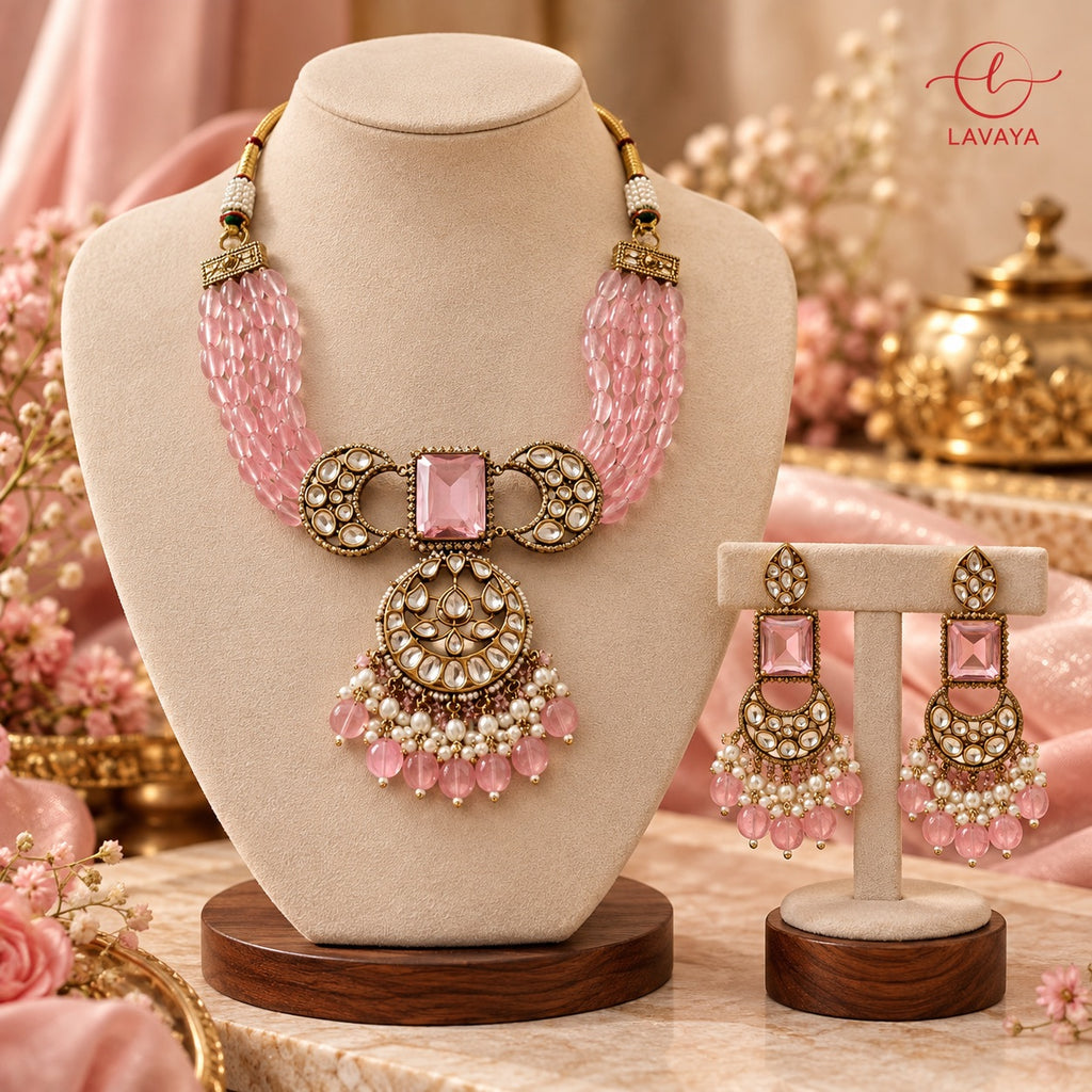 Blush Pink Multi-Strand Gemstone & Kundan Choker Set with Drop Earrings