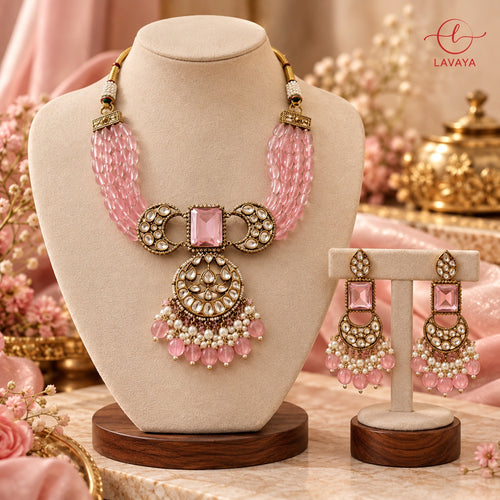 Blush Pink Multi-Strand Gemstone & Kundan Choker Set with Drop Earrings