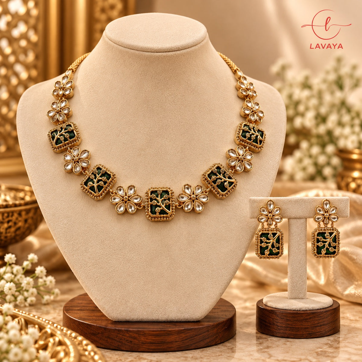Emerald Green Floral Jaali & Kundan Gold Necklace Set with Earrings