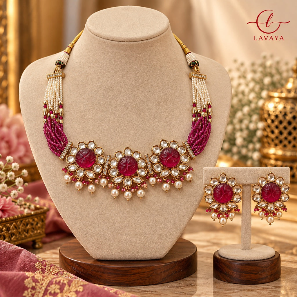 Ruby Pink Carved Gemstone & Pearl Strand Kundan Necklace Set with Studs