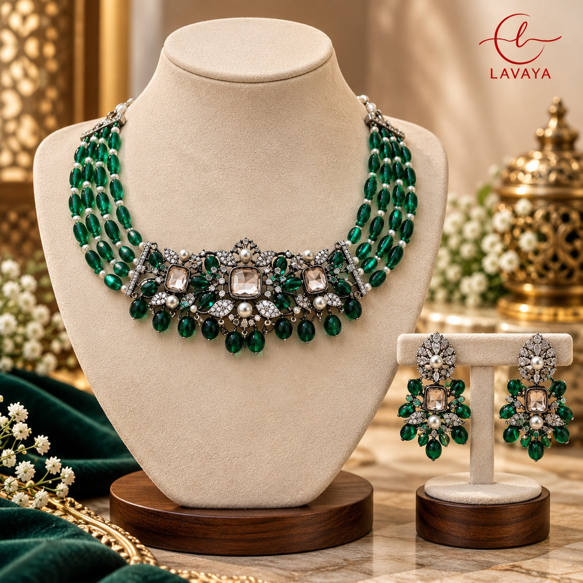 Emerald Green Multi-Strand Gemstone Choker & CZ Statement Jewelry Set