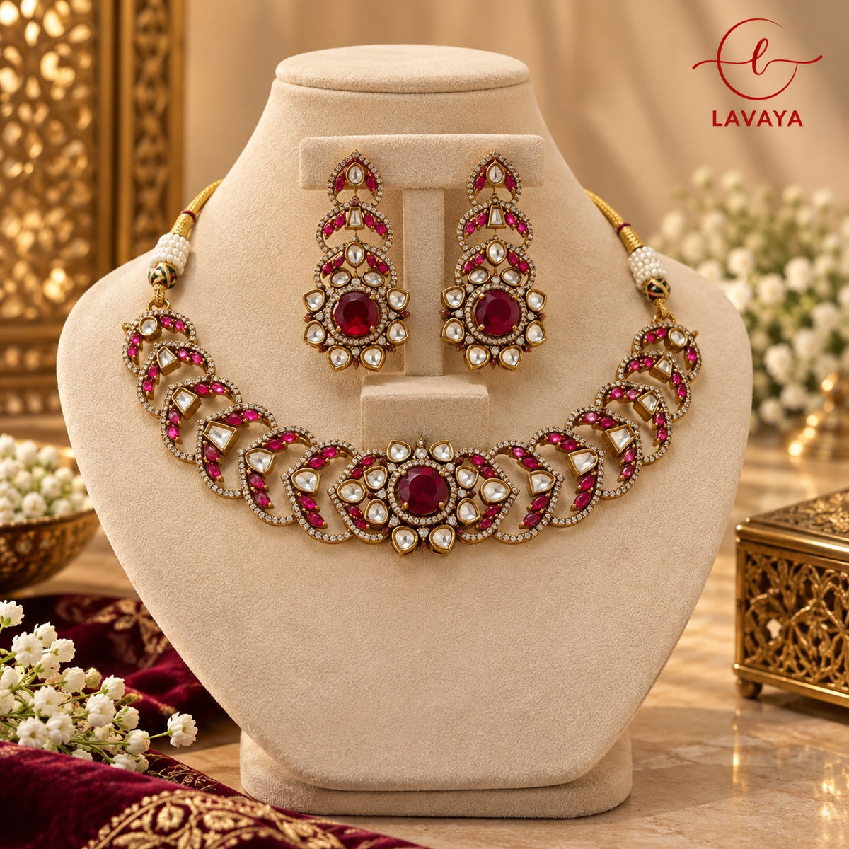 Ruby Red Crescent Kundan Choker & Tiered Statement Earrings Set