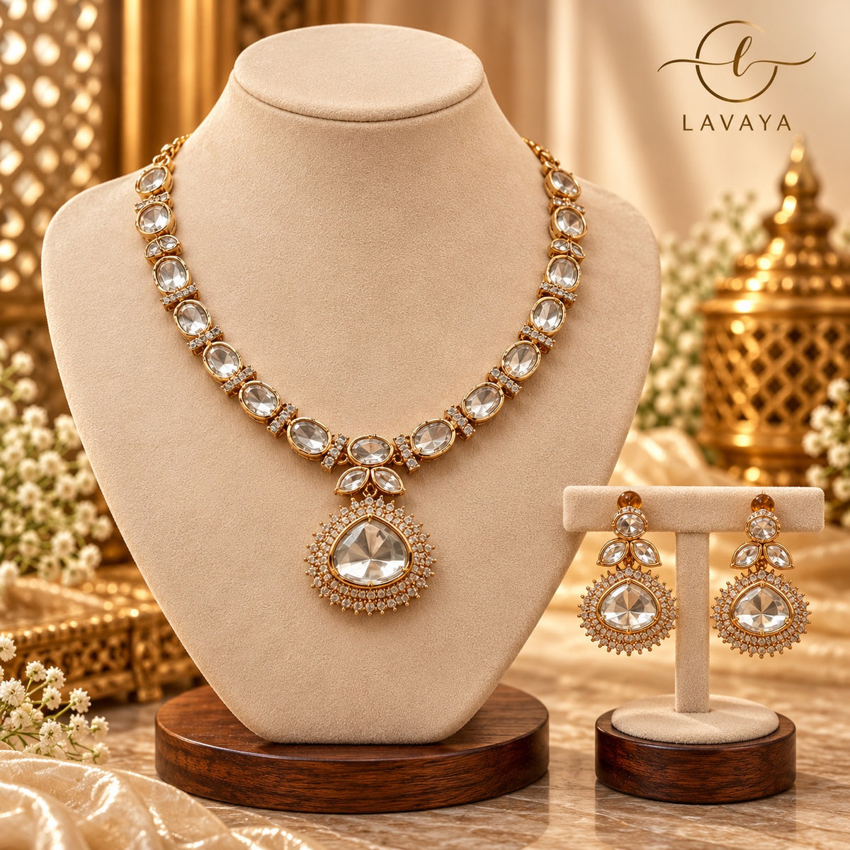 Royal Uncut Polki & Oversized Pear Pendant Necklace Set with Matching Earrings