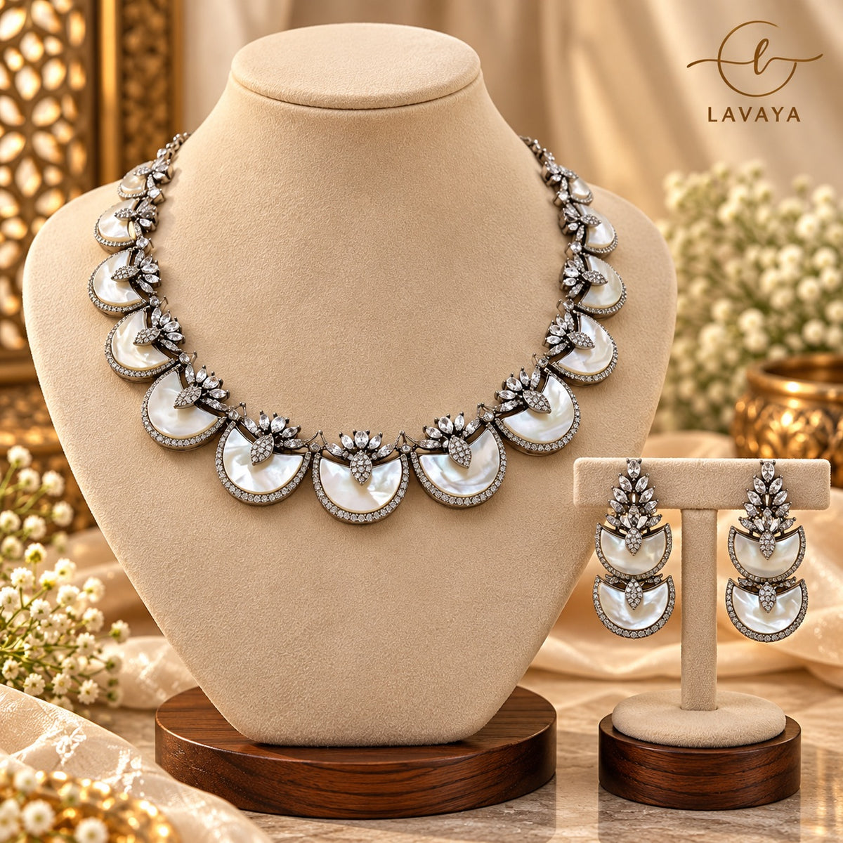 Mother of Pearl Crescent & CZ Diamond Statement Jewelry Set