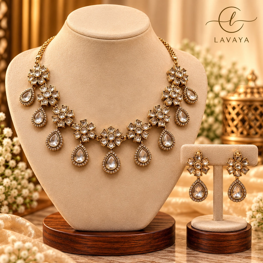 Royal Kundan Floral & Pear-Drop Statement Necklace Set with Earrings