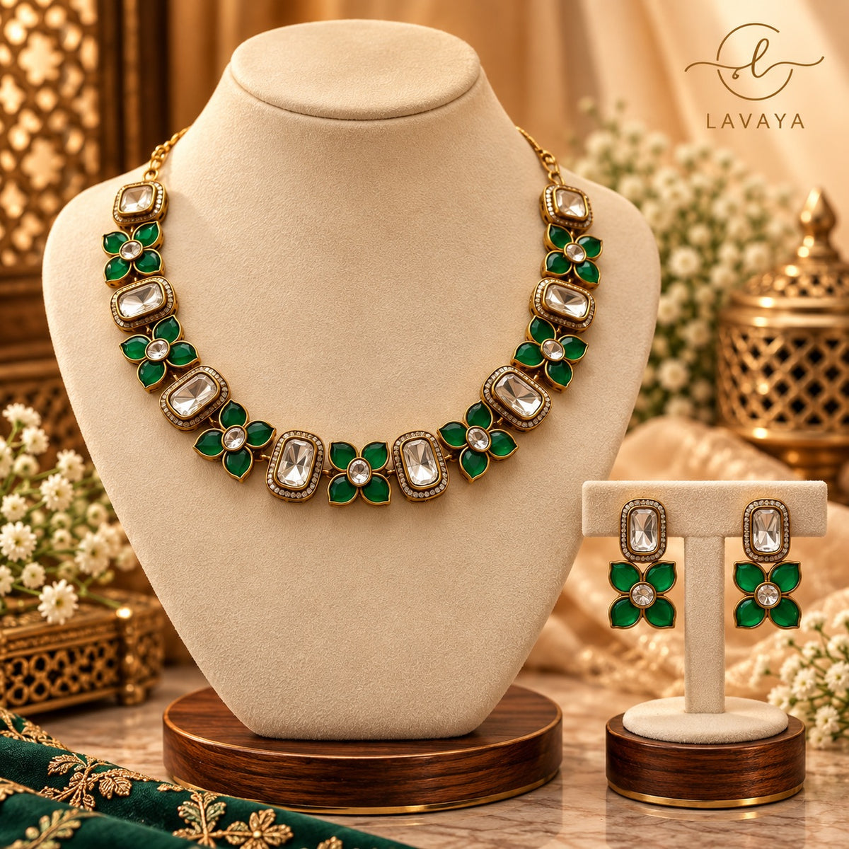 Emerald Green Floral & Oval Kundan Statement Necklace Set with Earrings