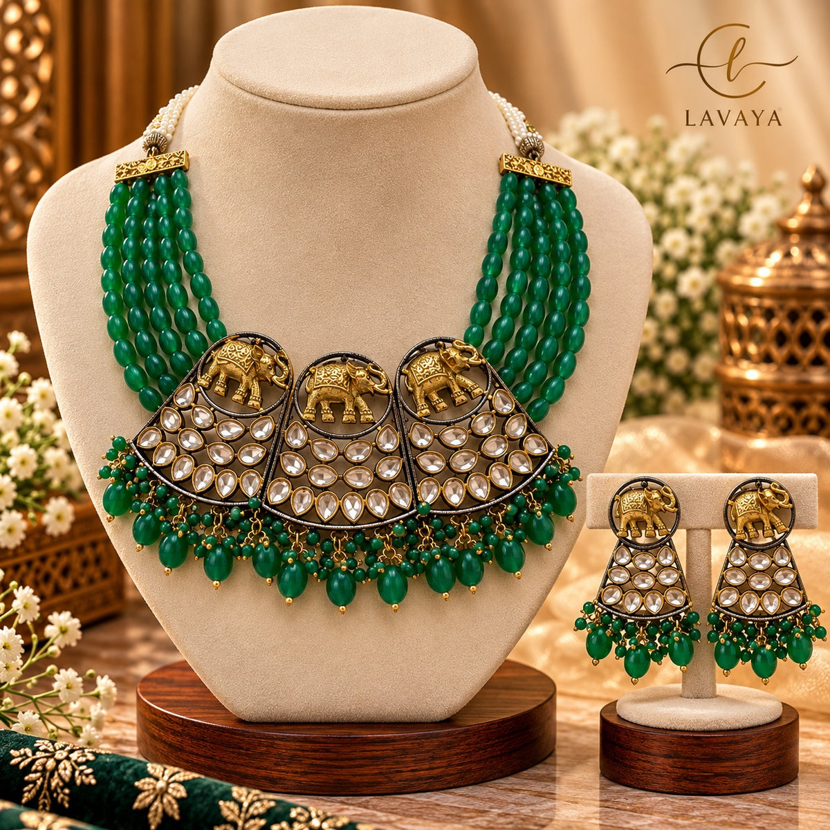 Royal Elephant Motif Green Bead & Kundan Fan Necklace Set with Matching Earrings
