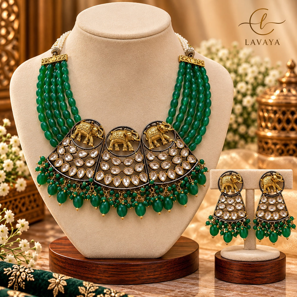 Lavaya Royal Green Floral Meenakari Beaded Necklace & Matching Earrings Set