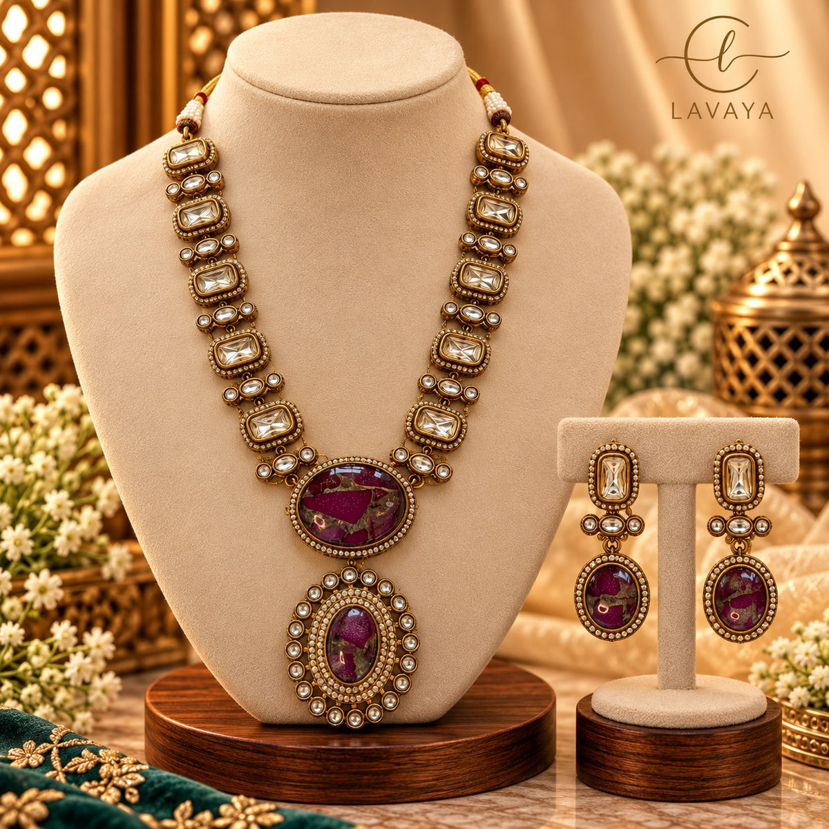 Royal Magenta Pink Marble Gemstone & Kundan Necklace Set with Earrings