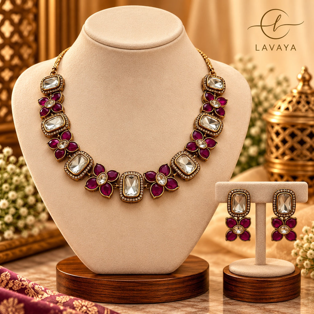 Handcrafted Antique Gold Kundan Choker Necklace with Floral Magenta Motif Earrings