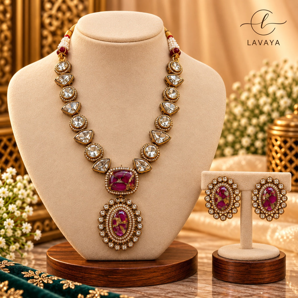 Heritage Magenta Oval Stone & Kundan Choker/Necklace Set for Brides & Celebrations