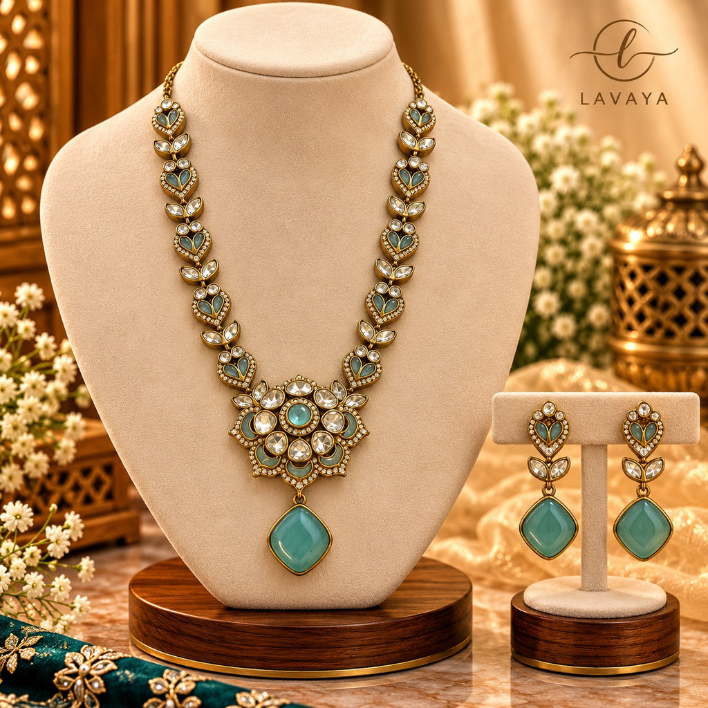 Heritage Sage & Sea Green Gemstone Kundan Necklace Set for Festive & Bridal Wear