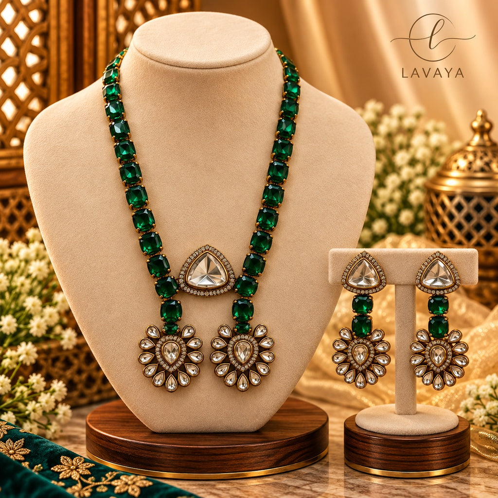 Royal Emerald Green Gemstone & Kundan Long Haar Set with Earrings