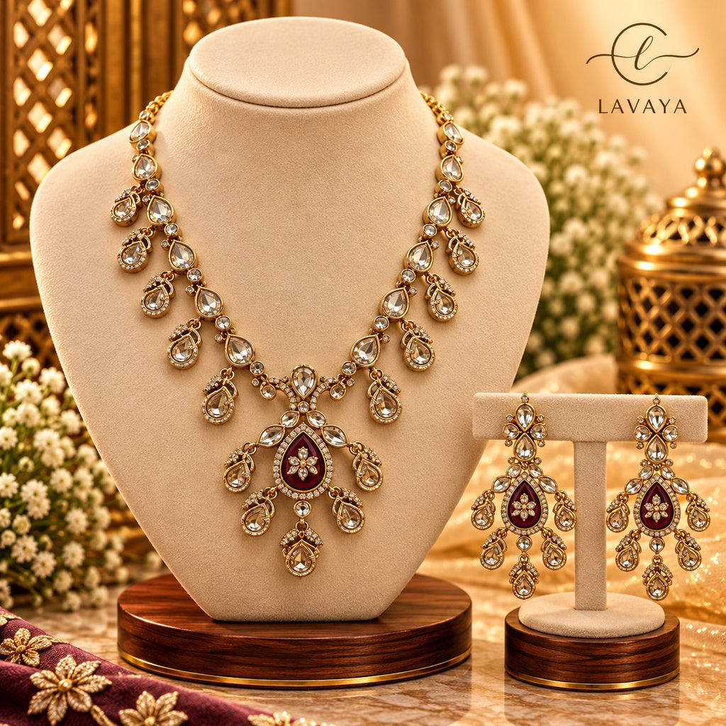 Royal Maroon & Polki Kundan Necklace with Matching Chandbali Drop Earrings