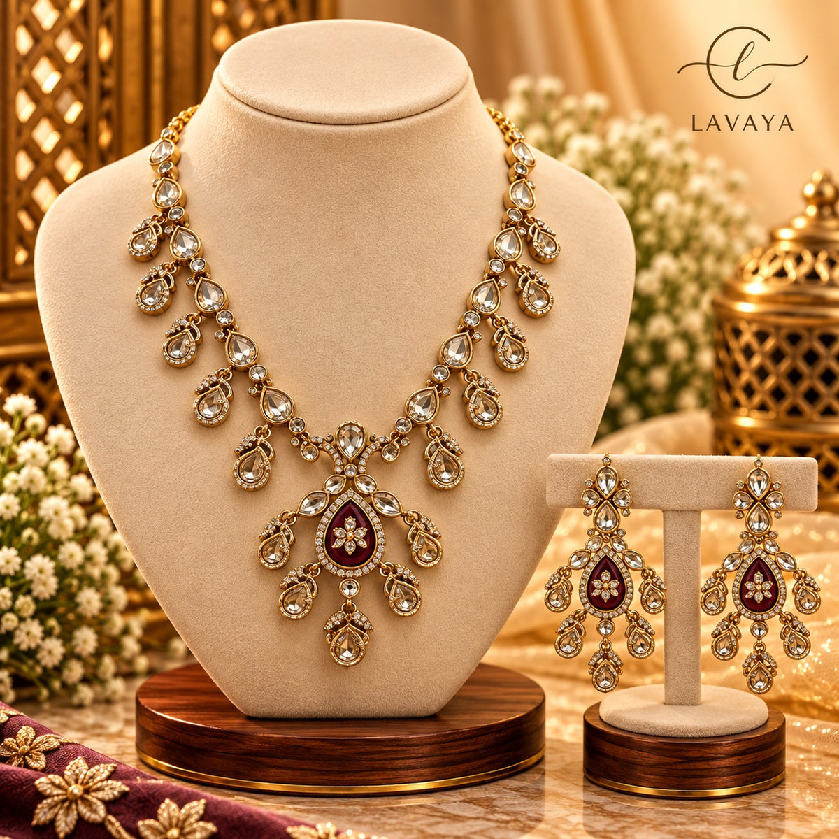 Royal Maroon & Polki Kundan Necklace with Matching Chandbali Drop Earrings