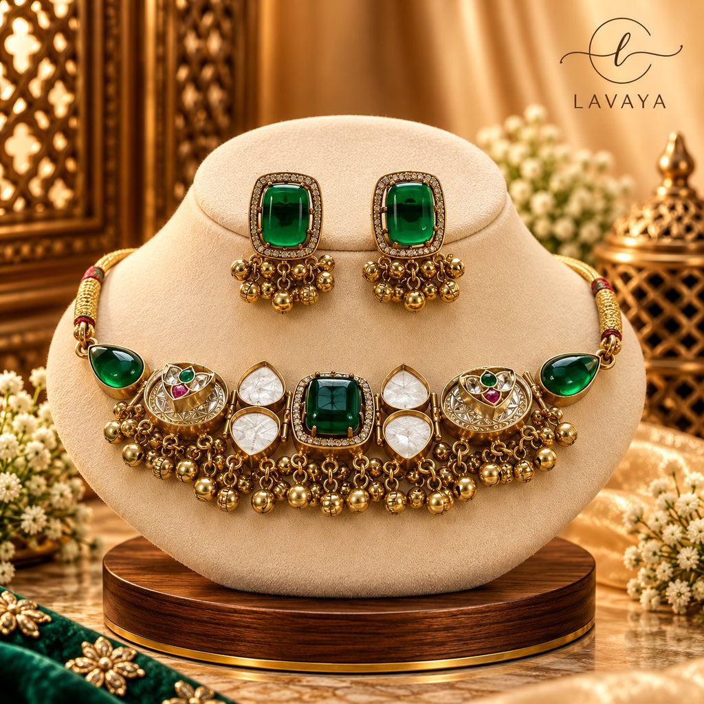 Royal Emerald Green Gemstone Choker with Meenakari Crescents & Gold Bead Drops