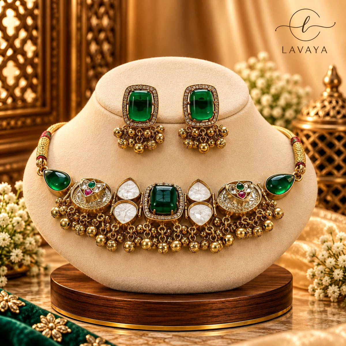 Royal Emerald Green Gemstone Choker with Meenakari Crescents & Gold Bead Drops