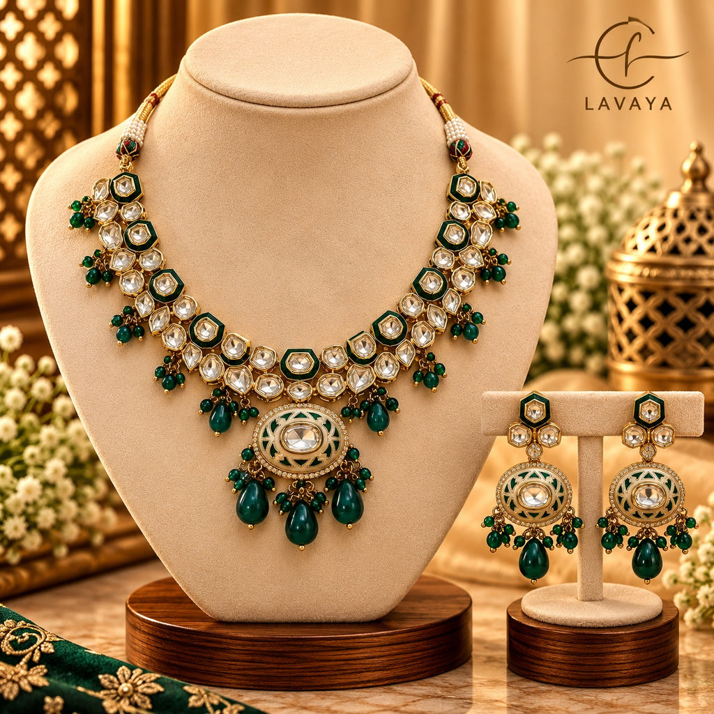 Royal Hexagon Kundan & Ivory Enamel Medallion Necklace with Drop Earrings