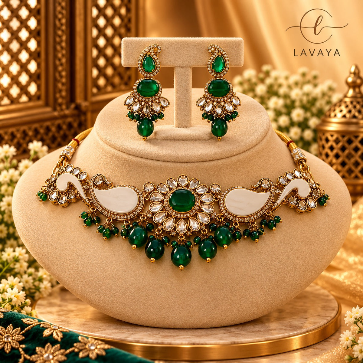 Royal Emerald Gemstone & White Meenakari Paisley Motif Bridal Choker Set