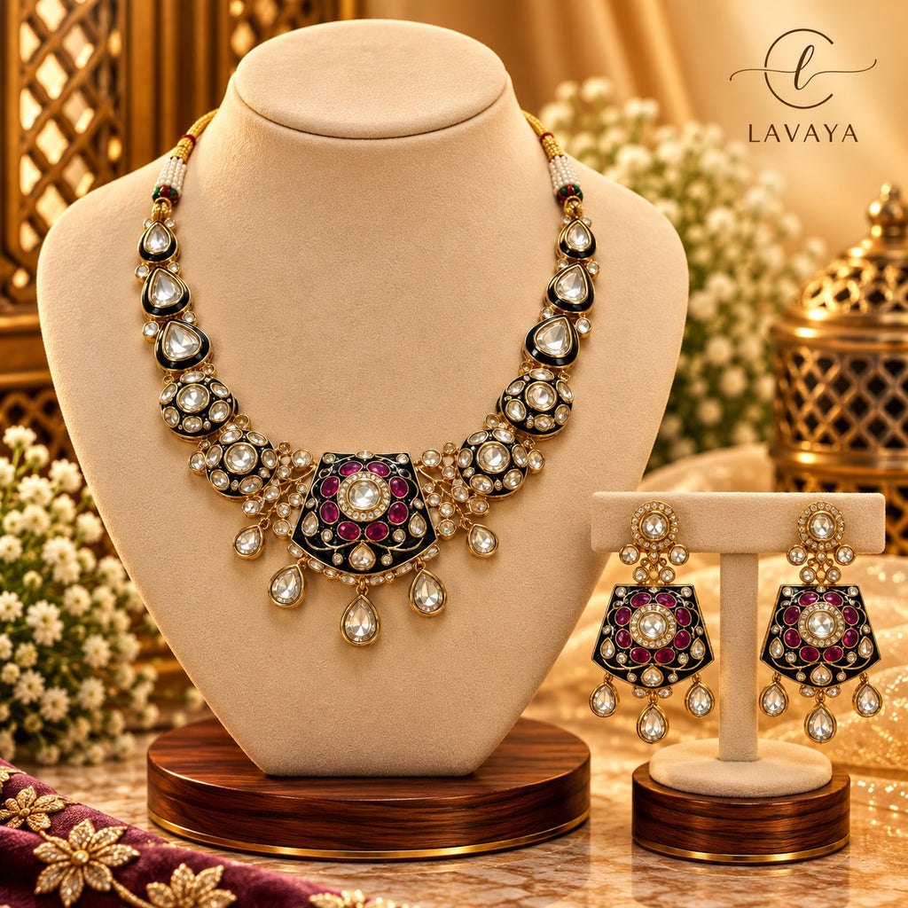Royal Black Enamel, Ruby Stone & Kundan Statement Jewellery Set for Bridal Wear