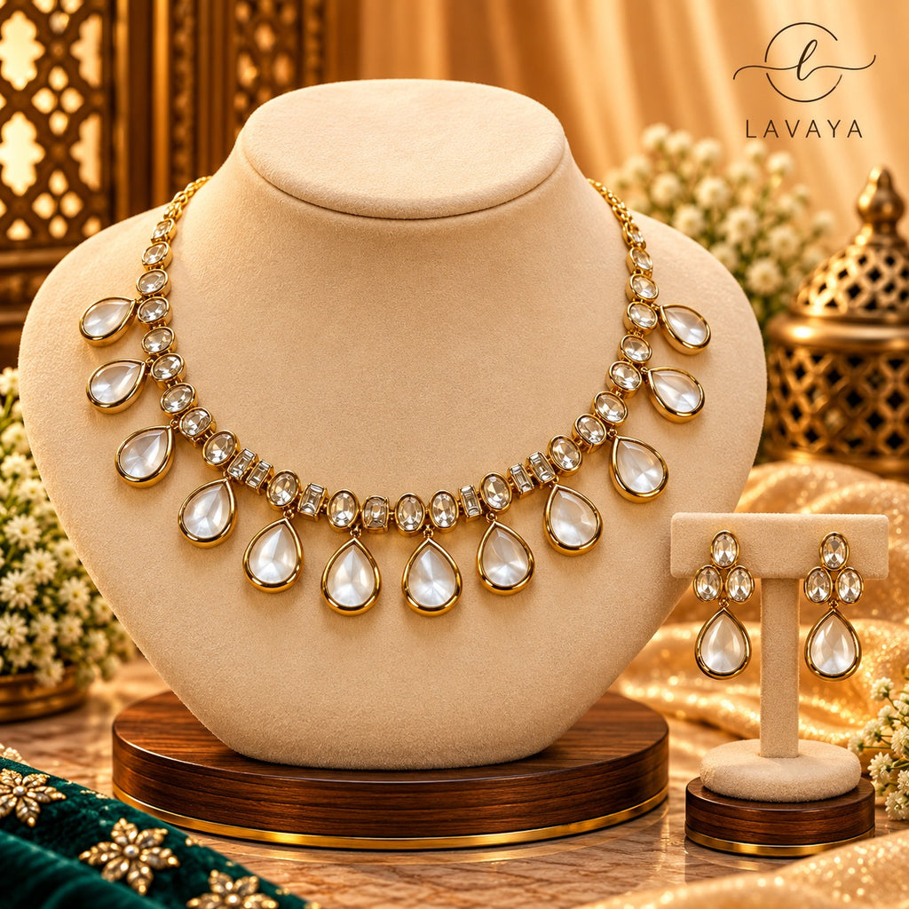 Classic Kundan Collar Necklace with Pearlescent Droplets & Matching Earrings
