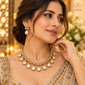 Classic Kundan Collar Necklace with Pearlescent Droplets & Matching Earrings