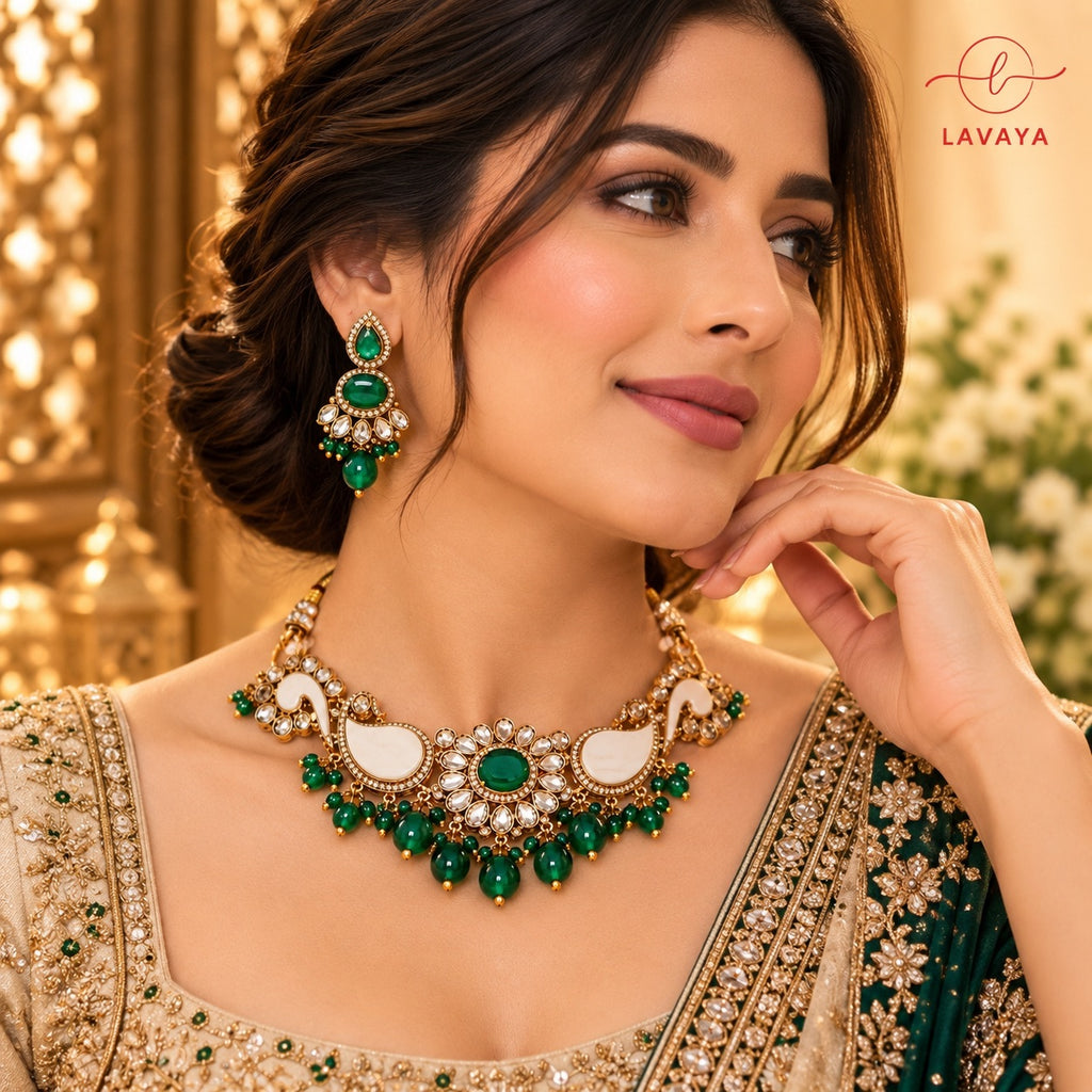 Royal Emerald Gemstone & White Meenakari Paisley Motif Bridal Choker Set