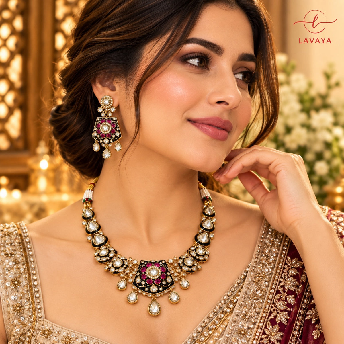 Royal Black Enamel, Ruby Stone & Kundan Statement Jewellery Set for Bridal Wear