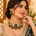 Royal Emerald Green Gemstone Choker with Meenakari Crescents & Gold Bead Drops