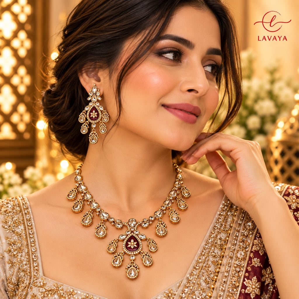 Royal Maroon & Polki Kundan Necklace with Matching Chandbali Drop Earrings