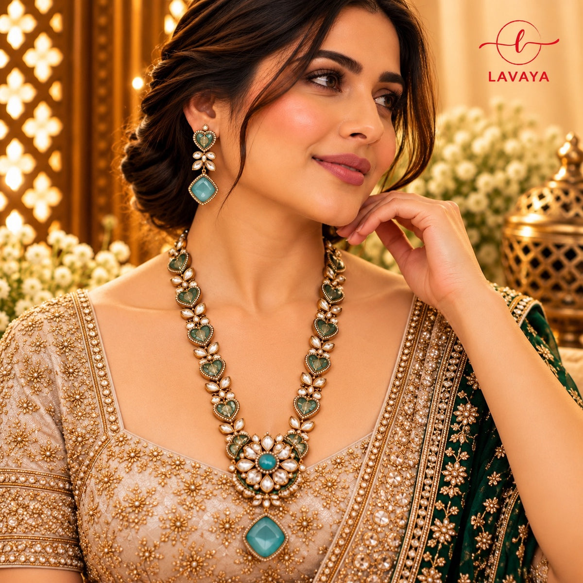 Heritage Sage & Sea Green Gemstone Kundan Necklace Set for Festive & Bridal Wear
