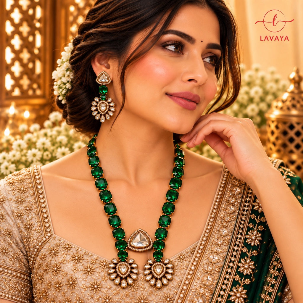 Royal Emerald Green Gemstone & Kundan Long Haar Set with Earrings