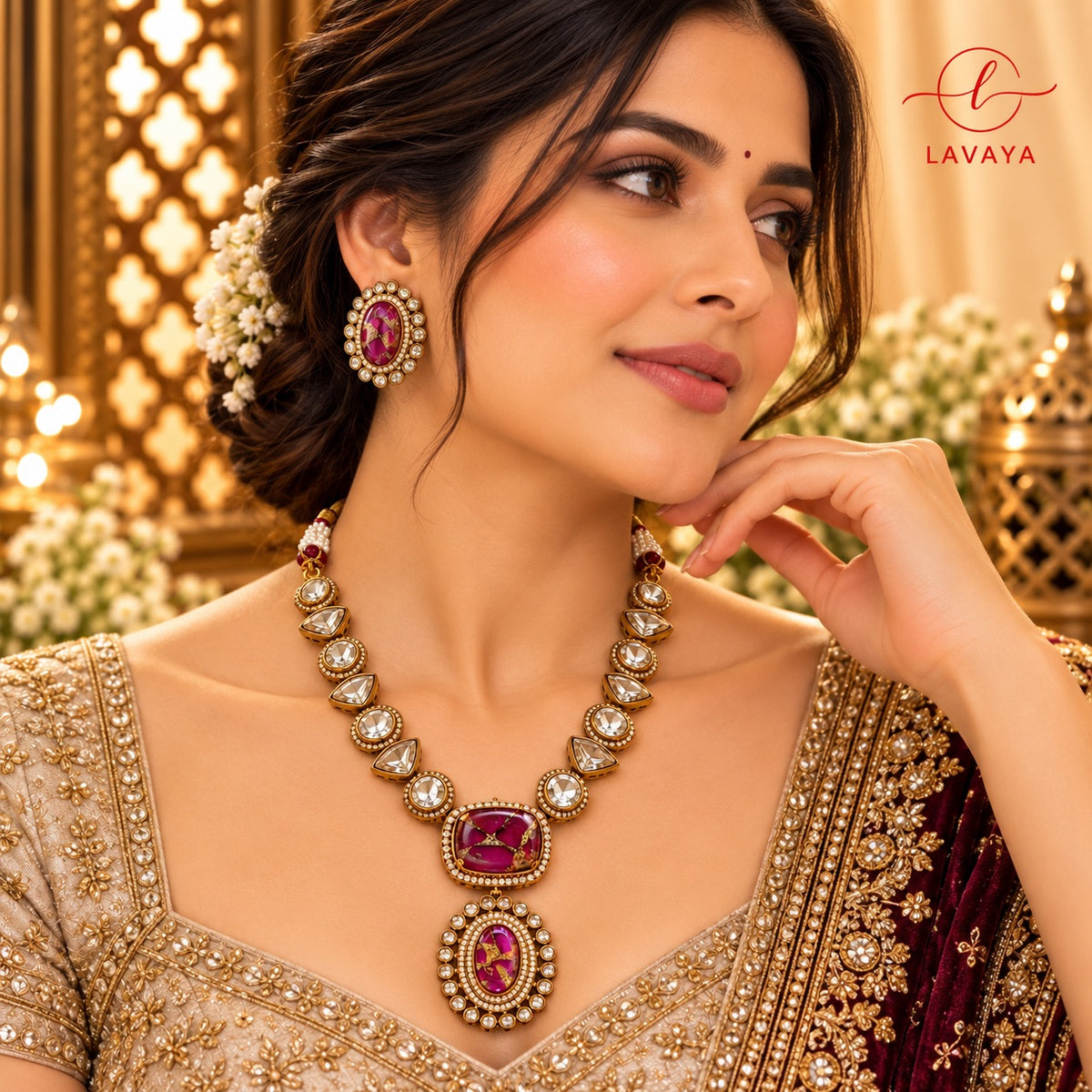 Heritage Magenta Oval Stone & Kundan Choker/Necklace Set for Brides & Celebrations